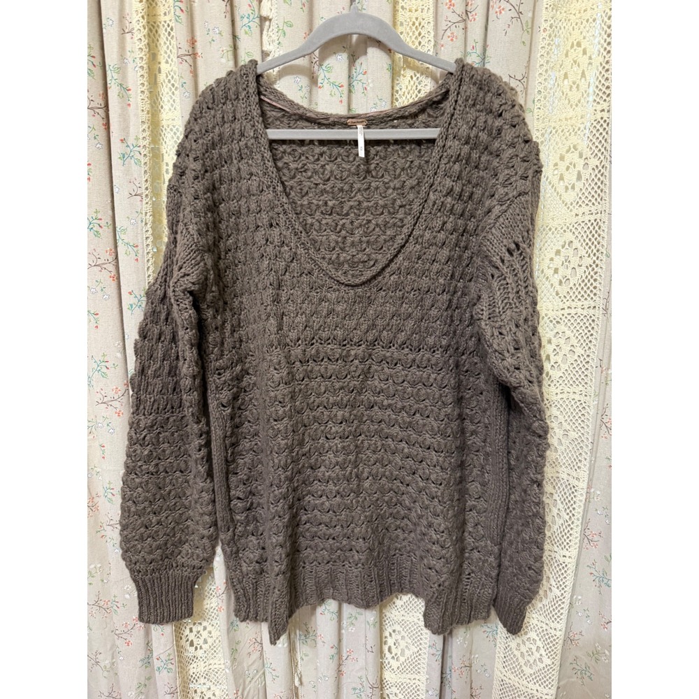 Free People Wool Blend Open Knit Sweater Brown Oversized Womens M